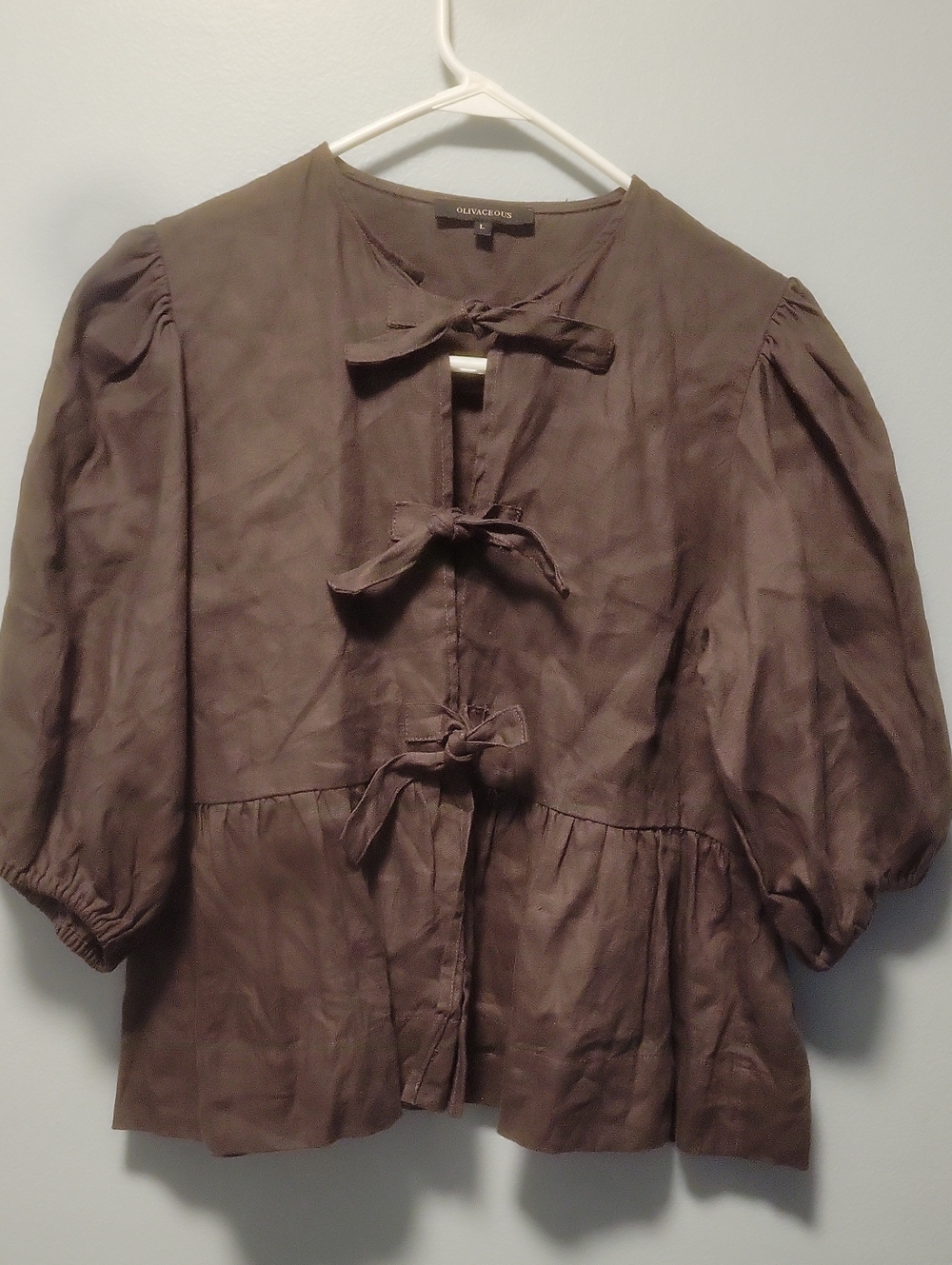 OLIVACEOUS Puff Sleeve Blouse in Brown Size Large